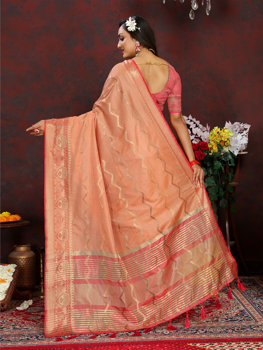 Lorenvalley Fashion Orange Soft Katan Silk Woven Design Zari Weaving Pallu Saree