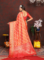 Lorenvalley Fashion Orange Organza Silk Woven Design with Rich Meenakari Weaving Pallu Saree