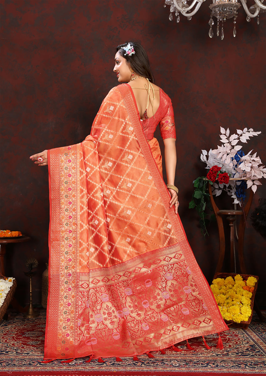 Lorenvalley Fashion Orange Organza Silk Woven Design with Rich Meenakari Weaving Pallu Saree