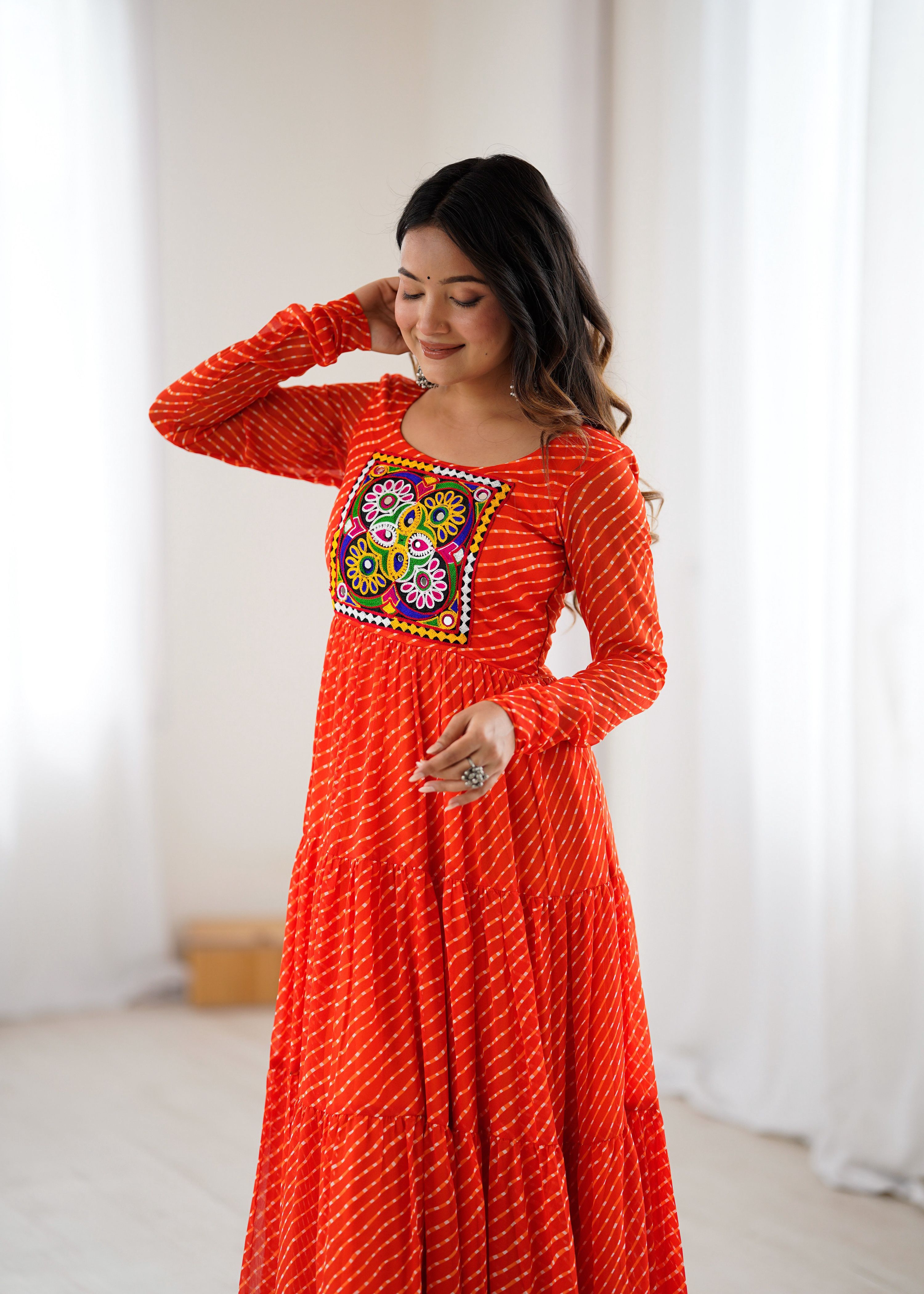 Lorenvalley Fashion Women Pure Soft Faux Georgette Leheriya Print Anarkali Gown - Distacart