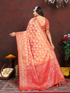 Lorenvalley Fashion Orange Organza Silk Woven Design with Rich Meenakari Weaving Pallu Saree