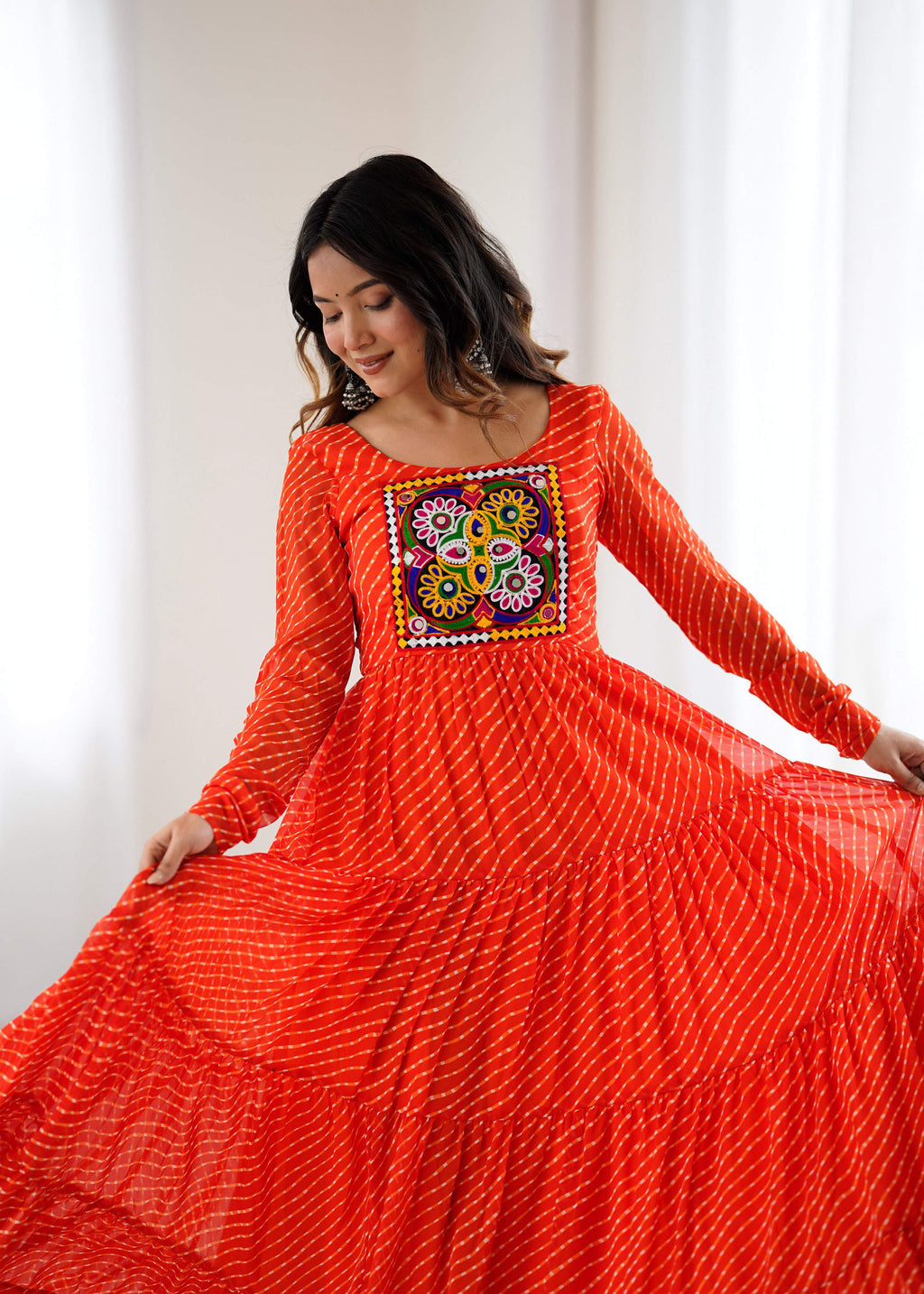 Lorenvalley Fashion Women Pure Soft Faux Georgette Leheriya Print Anarkali Gown - Distacart