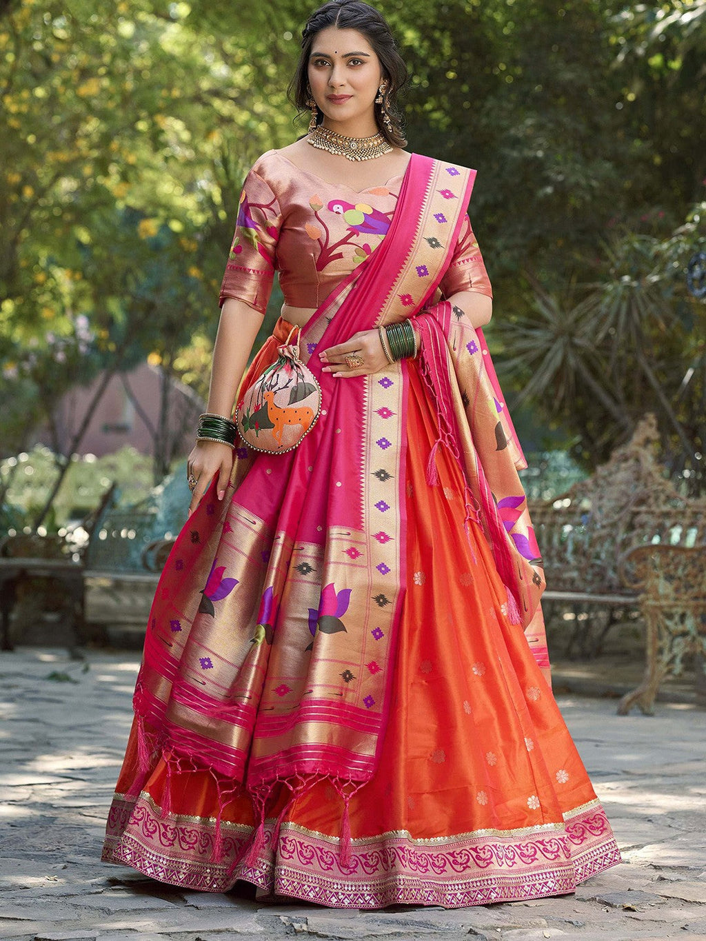 Lorenvalley Orange Jacquard Silk Paithani Weaving Zari Lehenga Choli with Dupatta