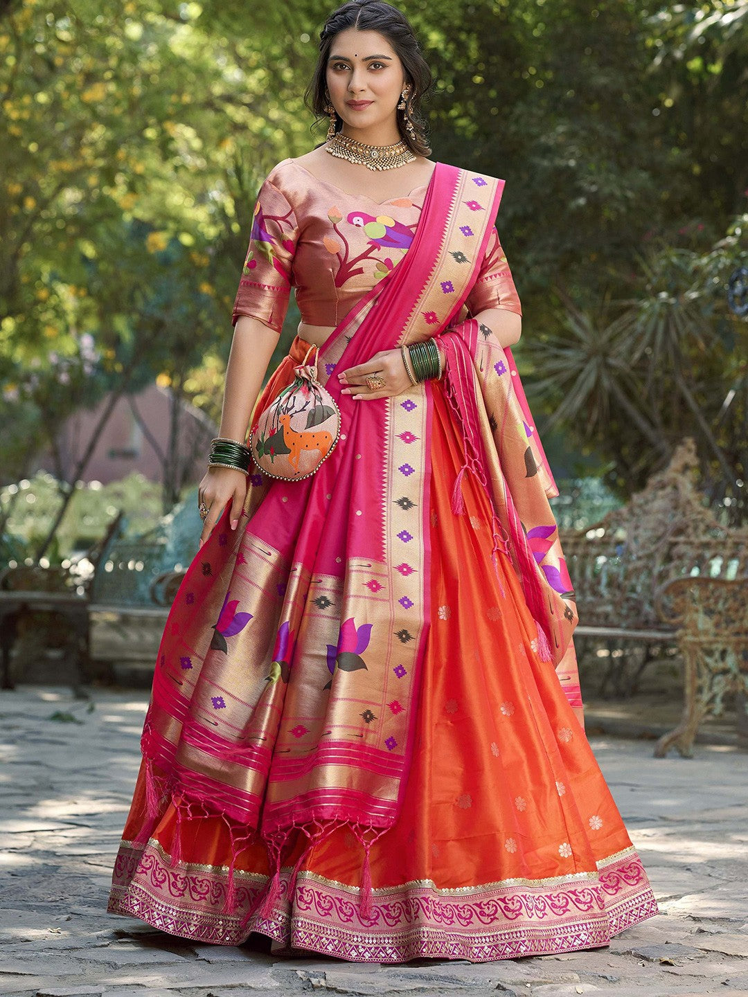 Lorenvalley Orange Jacquard Silk Paithani Weaving Zari Lehenga Choli with Dupatta