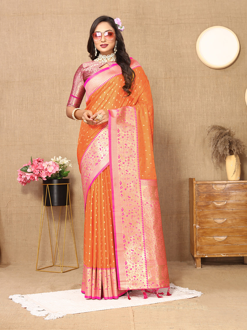 Lorenvalley Fashion Orange Soft Silk weaving Design Rich Zari Weaving Saree