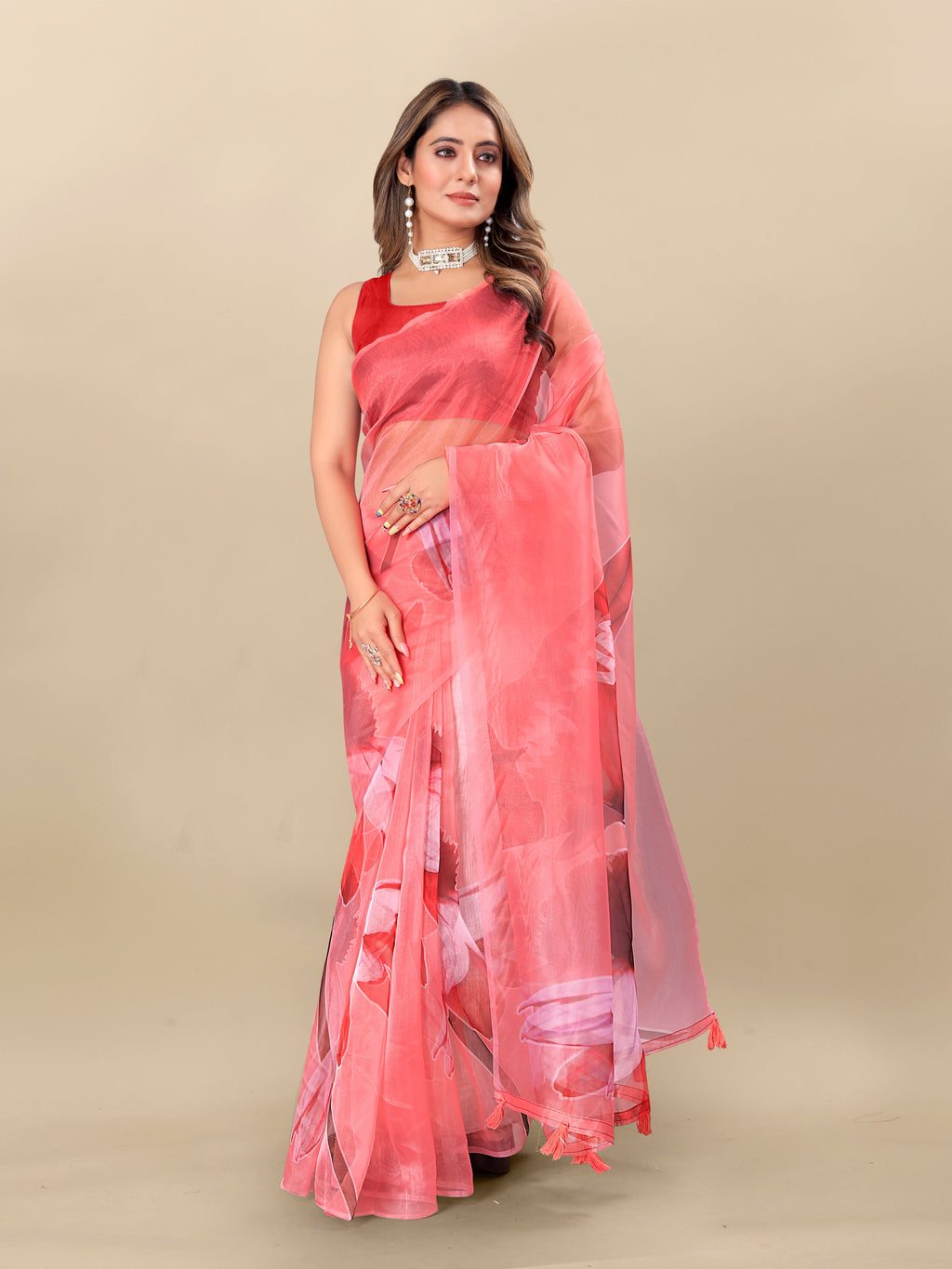 Vedant Vastram Digital Print Organza Party Wear Saree With Unstitched Blouse Piece - Red