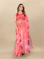 Vedant Vastram Digital Print Organza Party Wear Saree With Unstitched Blouse Piece - Red