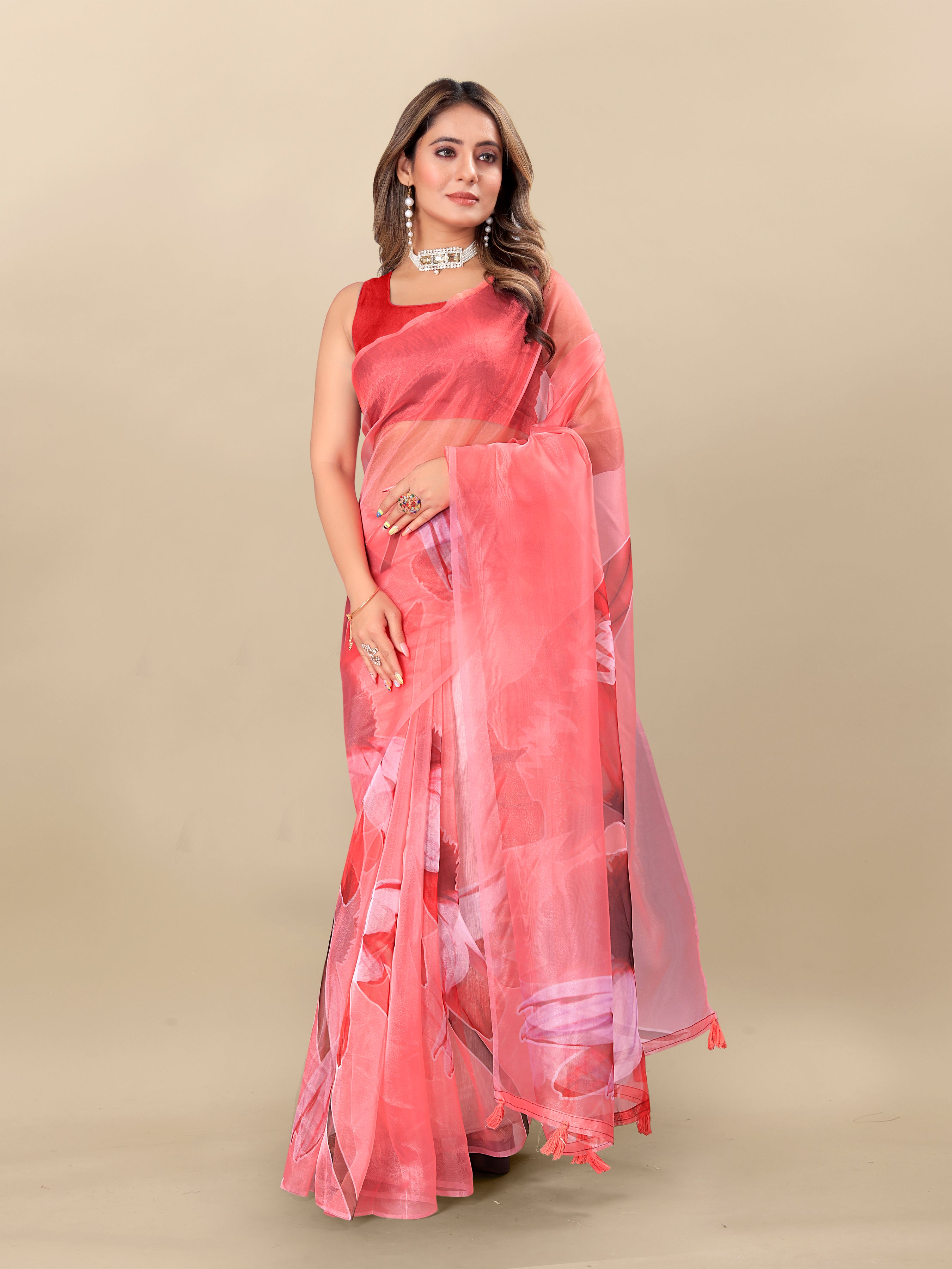 Vedant Vastram Digital Print Organza Party Wear Saree With Unstitched Blouse Piece - Red