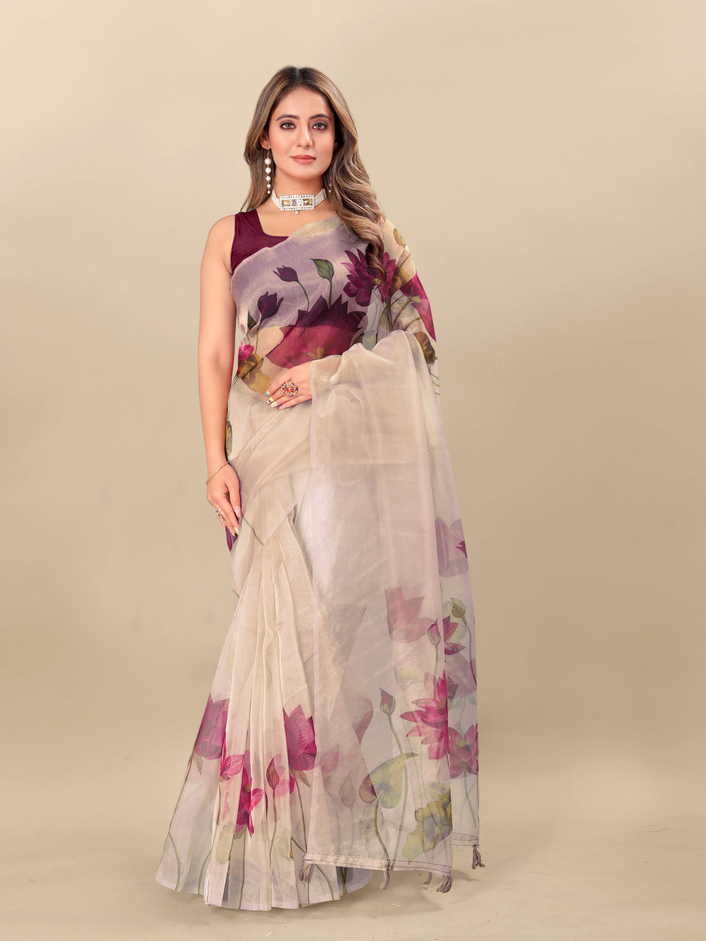 Vedant Vastram Digital Print Organza Party Wear Saree With Unstitched Blouse Piece - Purple