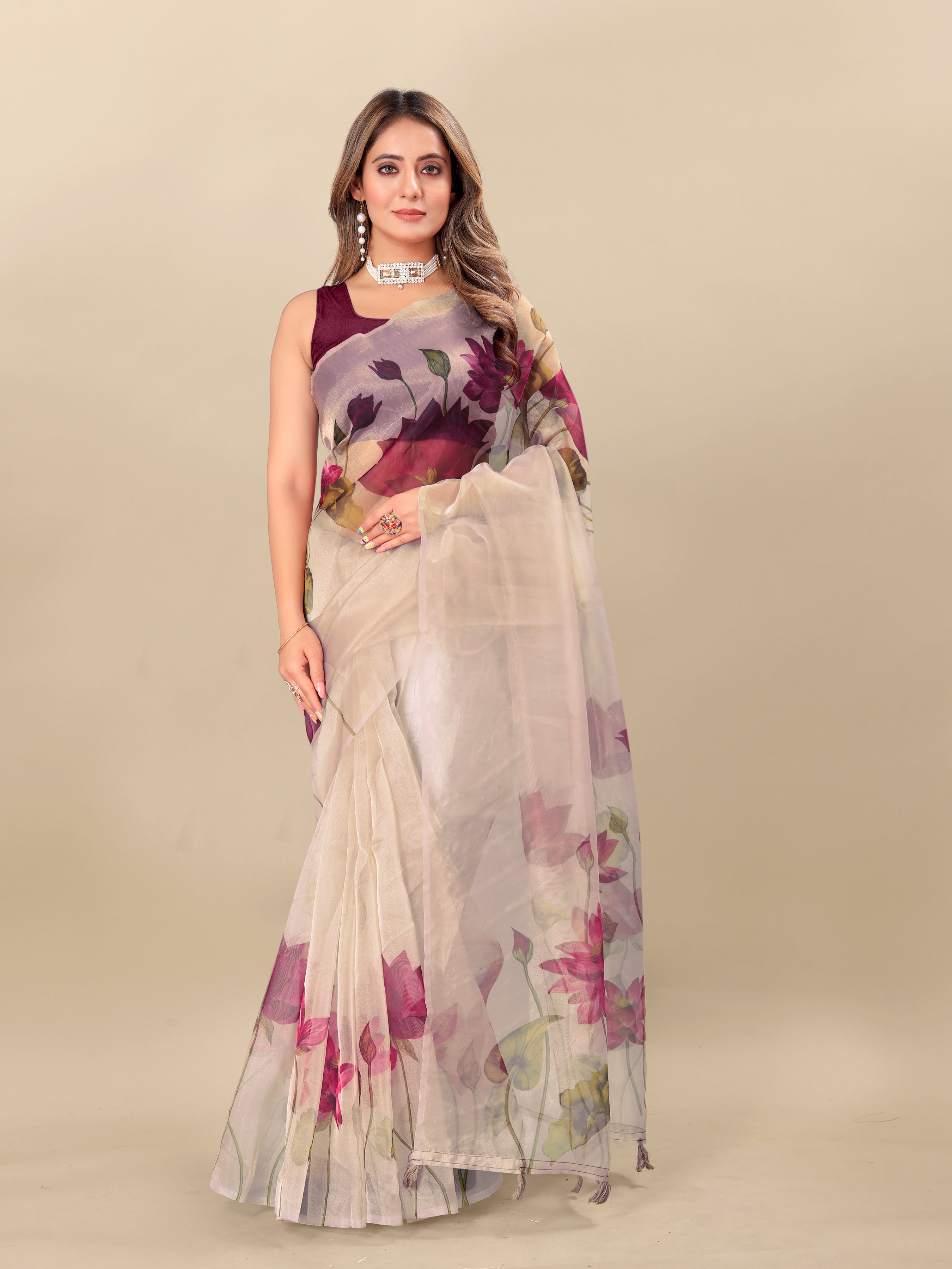 Vedant Vastram Digital Print Organza Party Wear Saree With Unstitched Blouse Piece - Purple