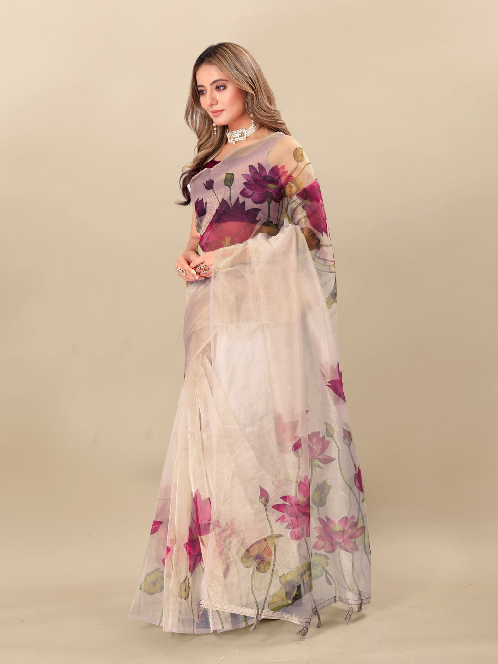 Vedant Vastram Digital Print Organza Party Wear Saree With Unstitched Blouse Piece - Purple