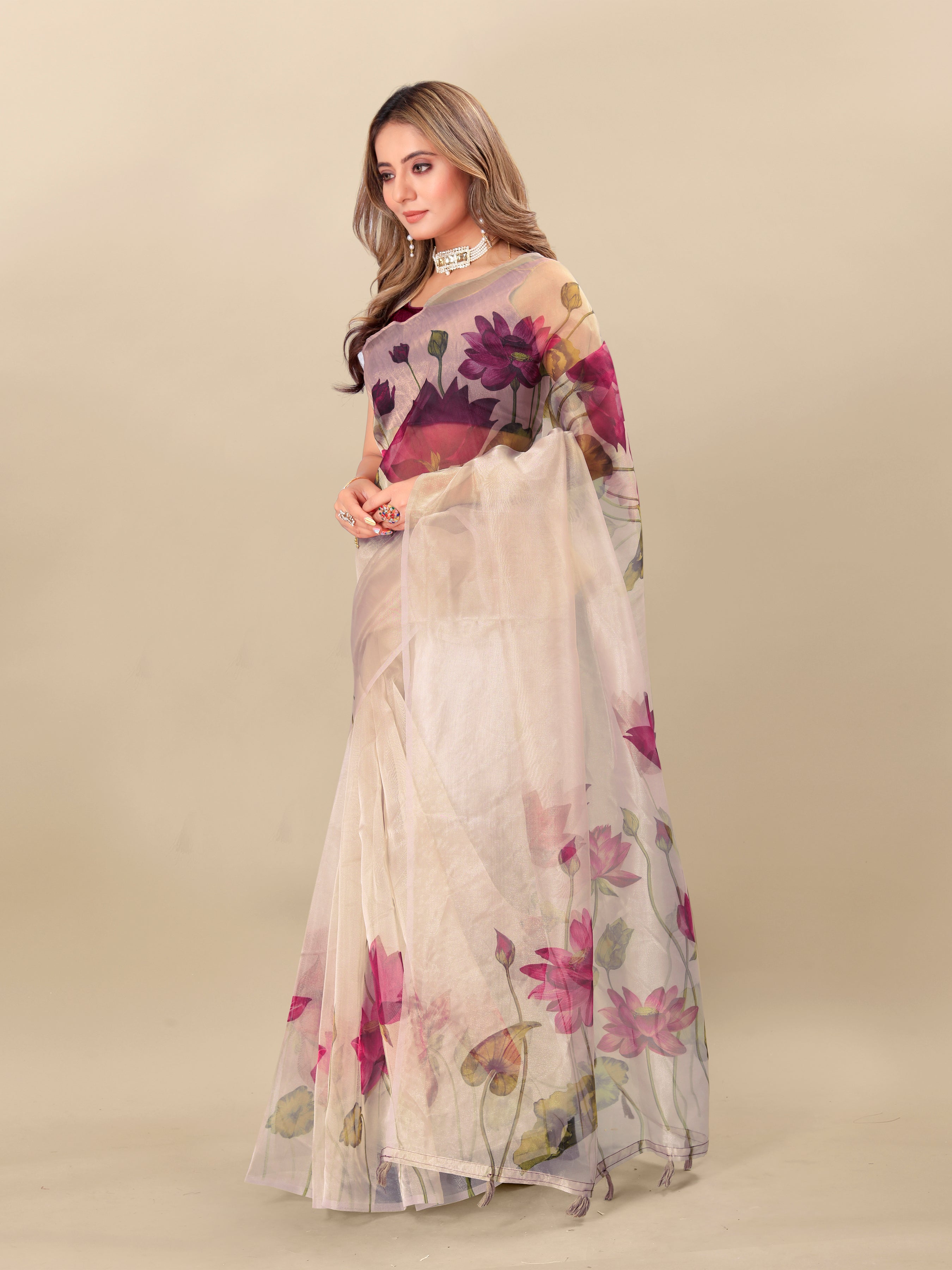 Vedant Vastram Digital Print Organza Party Wear Saree With Unstitched Blouse Piece - Purple