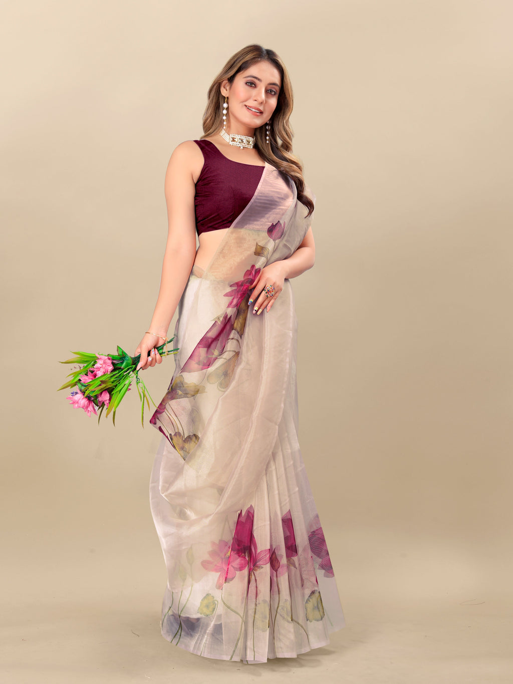 Vedant Vastram Digital Print Organza Party Wear Saree With Unstitched Blouse Piece - Purple