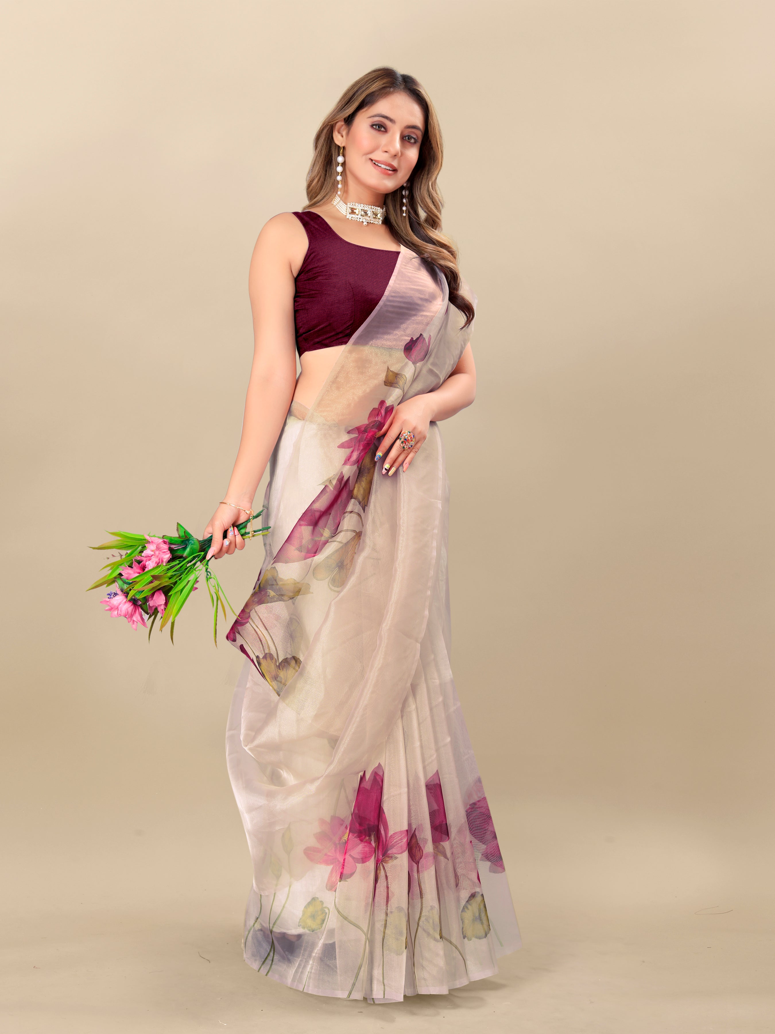 Vedant Vastram Digital Print Organza Party Wear Saree With Unstitched Blouse Piece - Purple