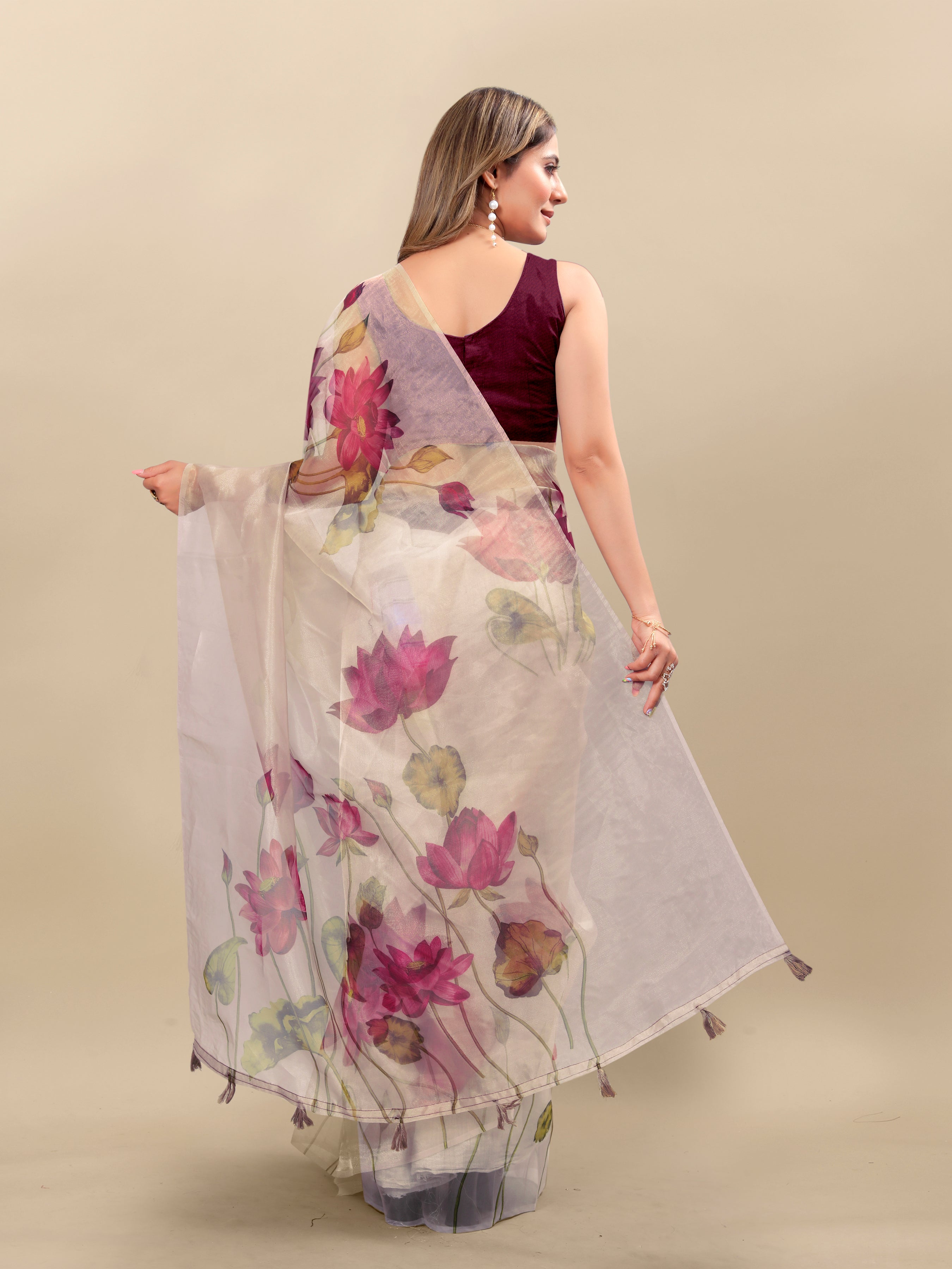 Vedant Vastram Digital Print Organza Party Wear Saree With Unstitched Blouse Piece - Purple