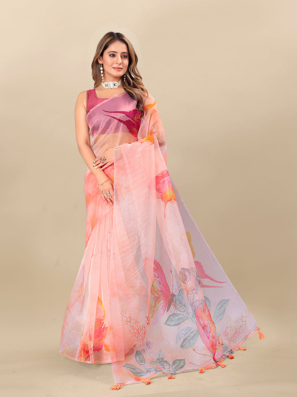 Vedant Vastram Digital Print Organza Party Wear Saree With Unstitched Blouse Piece - Purple