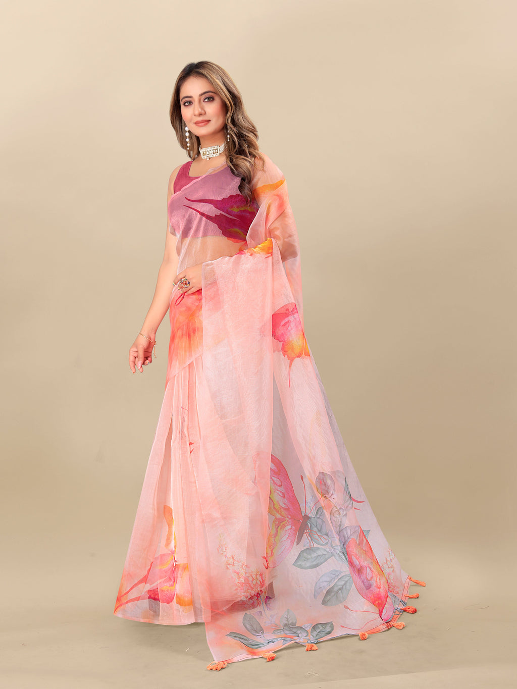 Vedant Vastram Digital Print Organza Party Wear Saree With Unstitched Blouse Piece - Purple