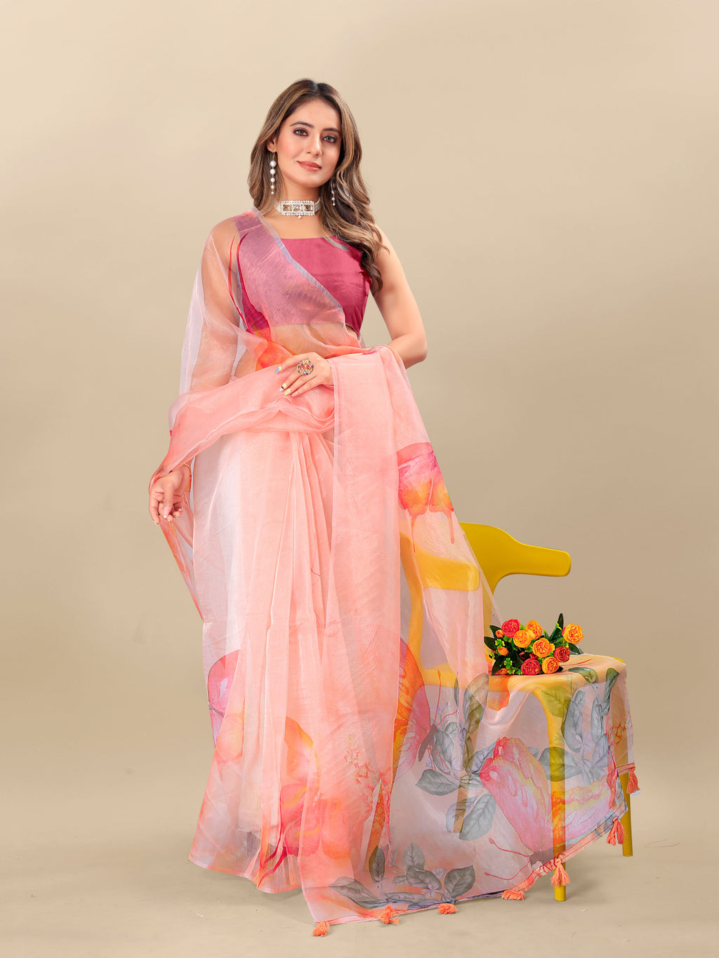 Vedant Vastram Digital Print Organza Party Wear Saree With Unstitched Blouse Piece - Purple