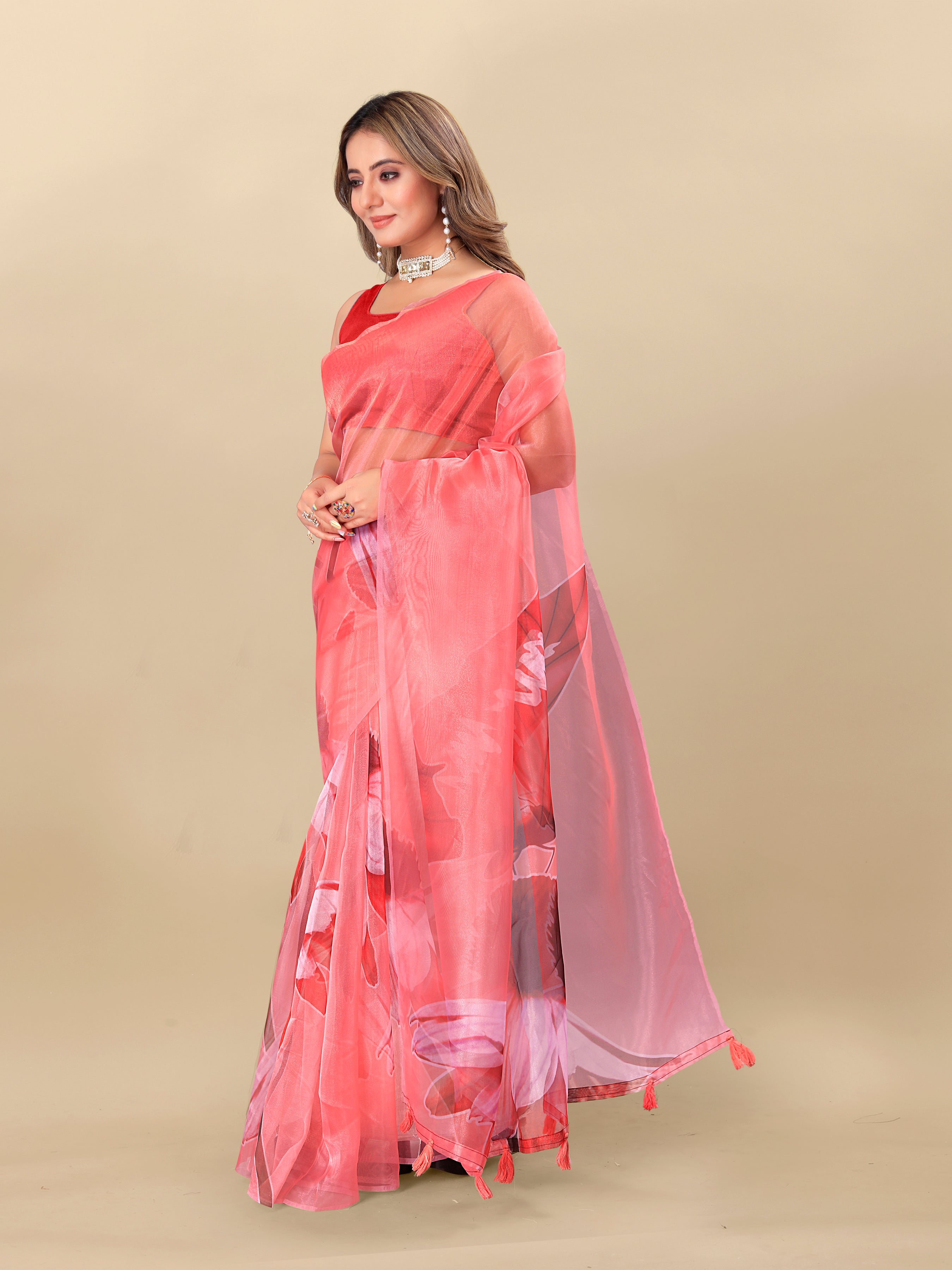 Vedant Vastram Digital Print Organza Party Wear Saree With Unstitched Blouse Piece - Red