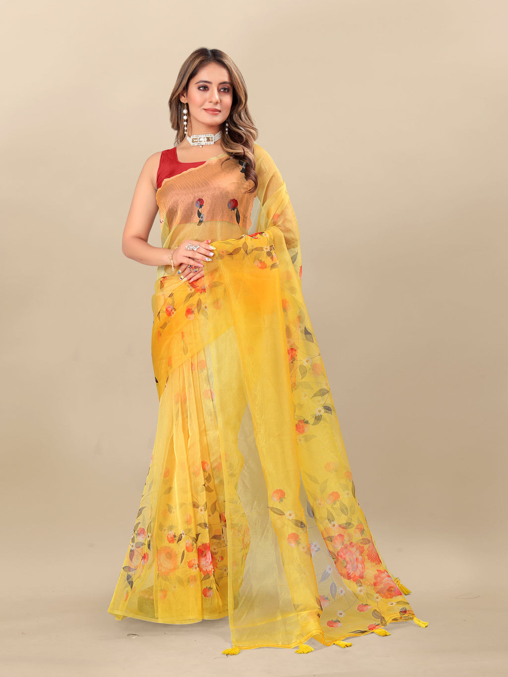 Vedant Vastram Digital Print Organza Party Wear Saree With Unstitched Blouse Piece - Yellow