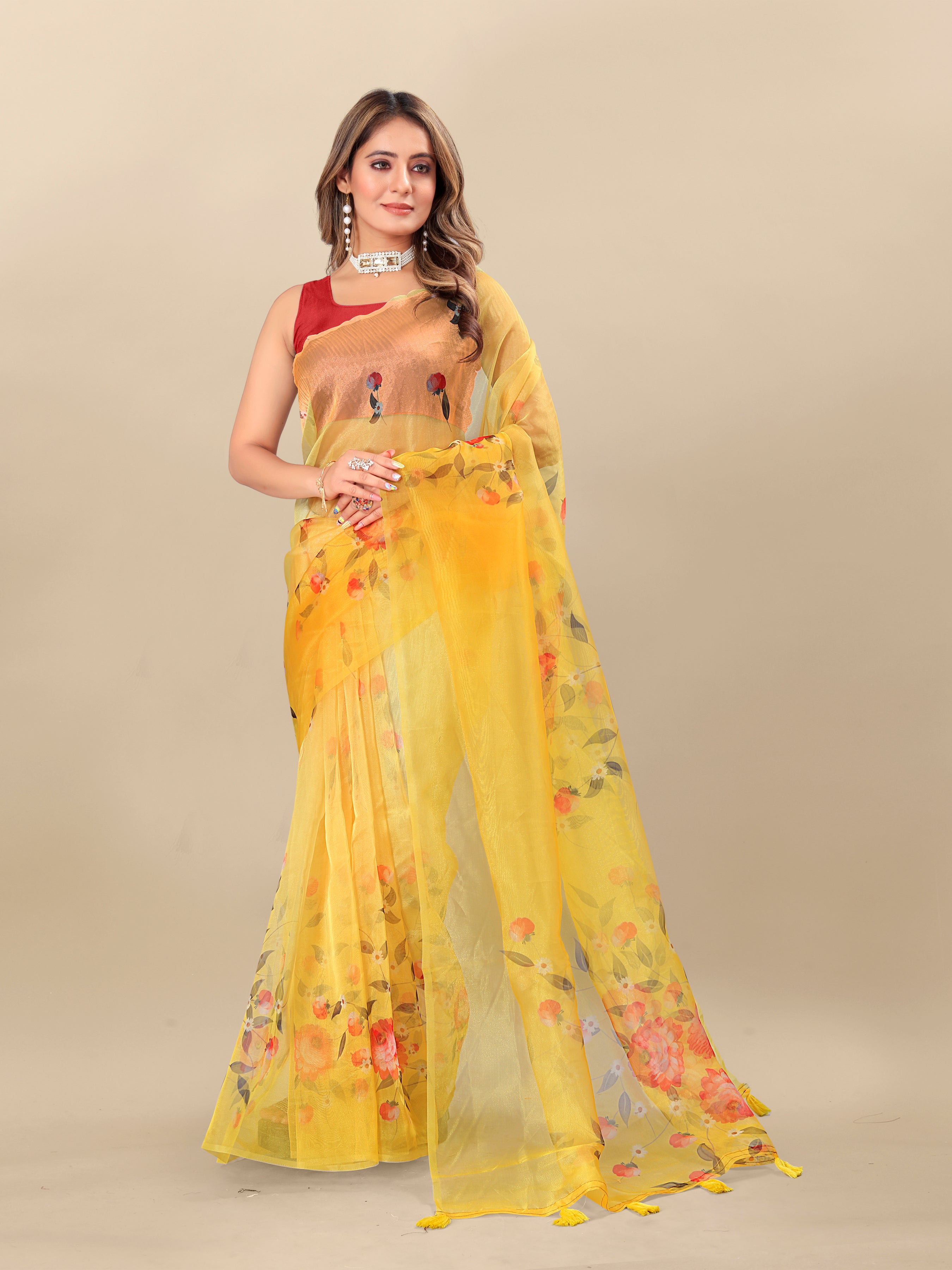 Vedant Vastram Digital Print Organza Party Wear Saree With Unstitched Blouse Piece - Yellow