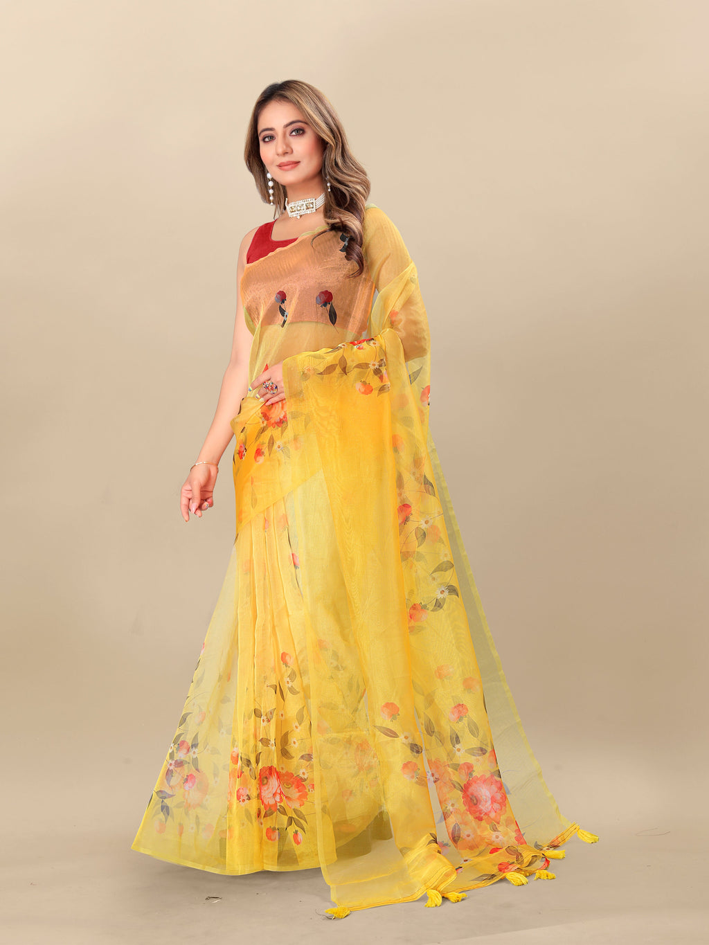 Vedant Vastram Digital Print Organza Party Wear Saree With Unstitched Blouse Piece - Yellow
