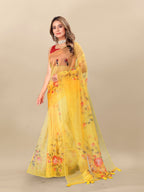 Vedant Vastram Digital Print Organza Party Wear Saree With Unstitched Blouse Piece - Yellow