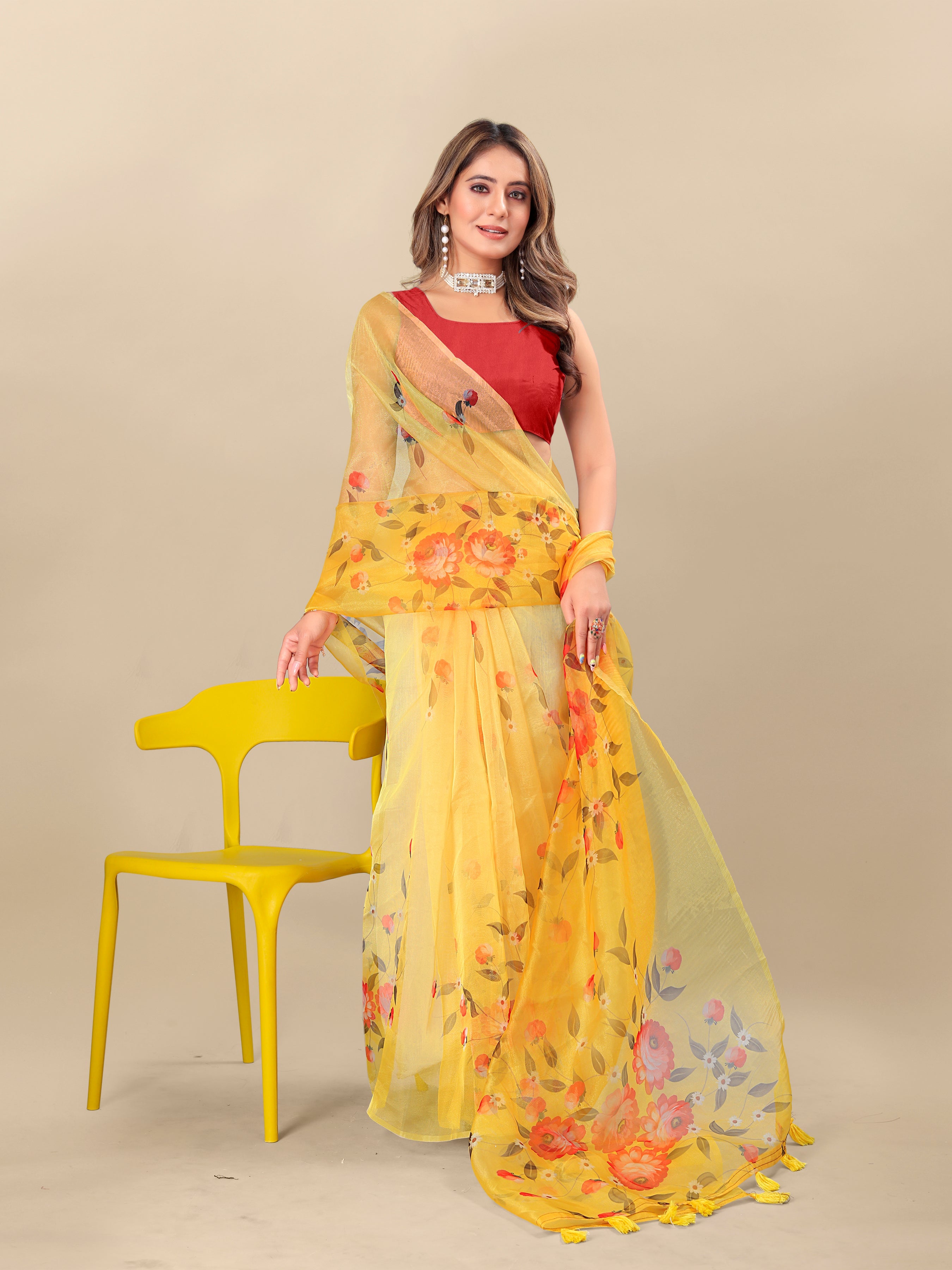 Vedant Vastram Digital Print Organza Party Wear Saree With Unstitched Blouse Piece - Yellow