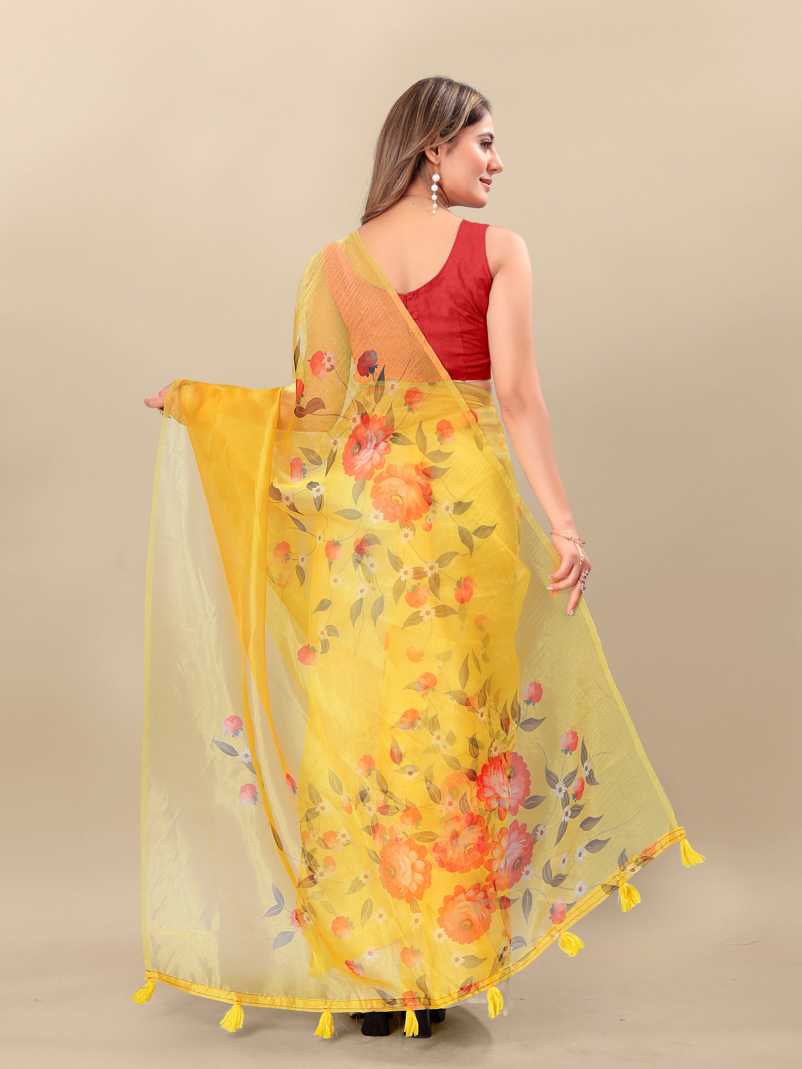 Vedant Vastram Digital Print Organza Party Wear Saree With Unstitched Blouse Piece - Yellow