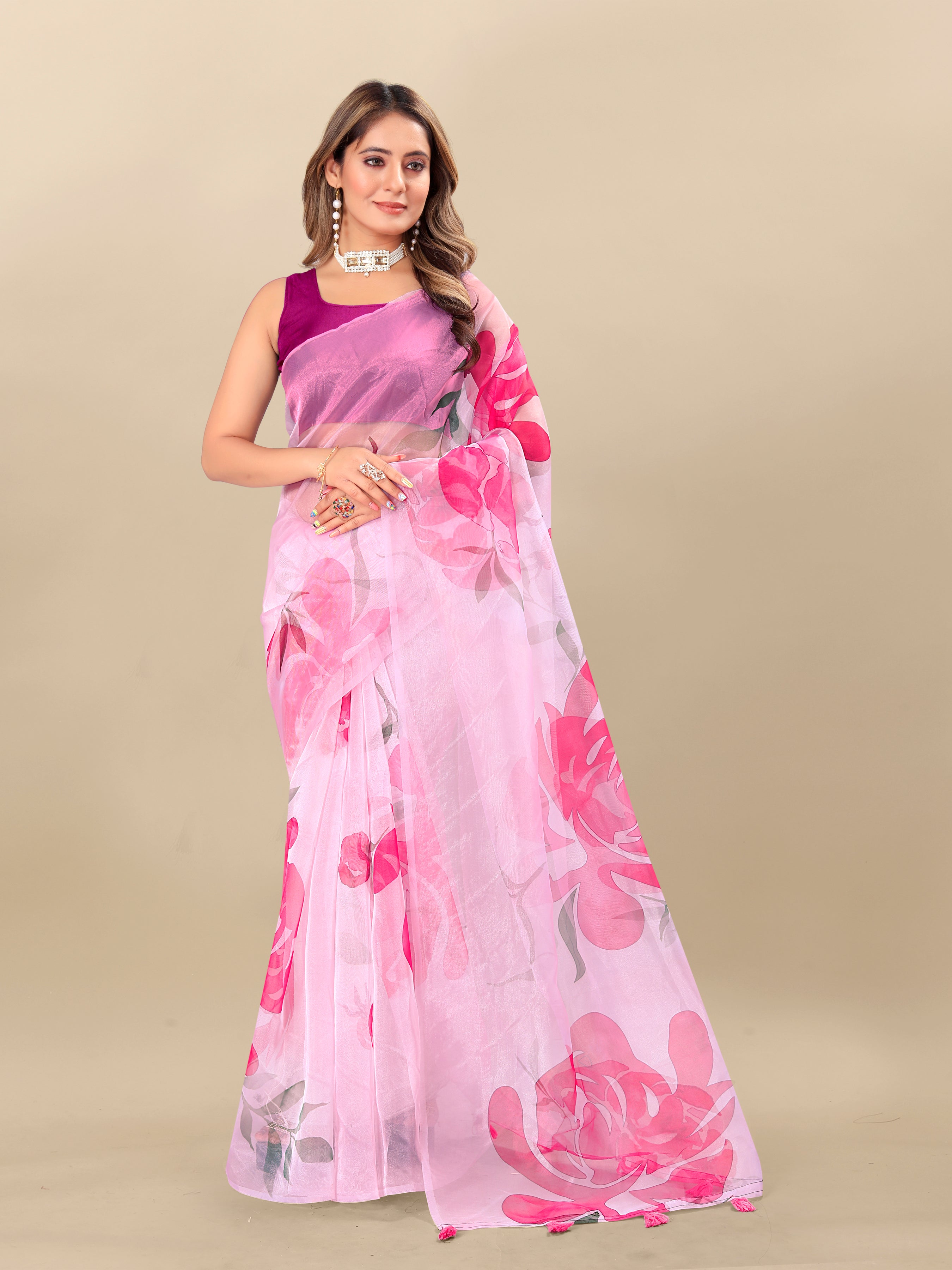 Vedant Vastram Digital Print Organza Party Wear Saree With Unstitched Blouse Piece - Pink