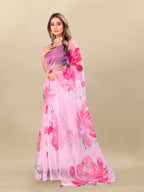 Vedant Vastram Digital Print Organza Party Wear Saree With Unstitched Blouse Piece - Pink