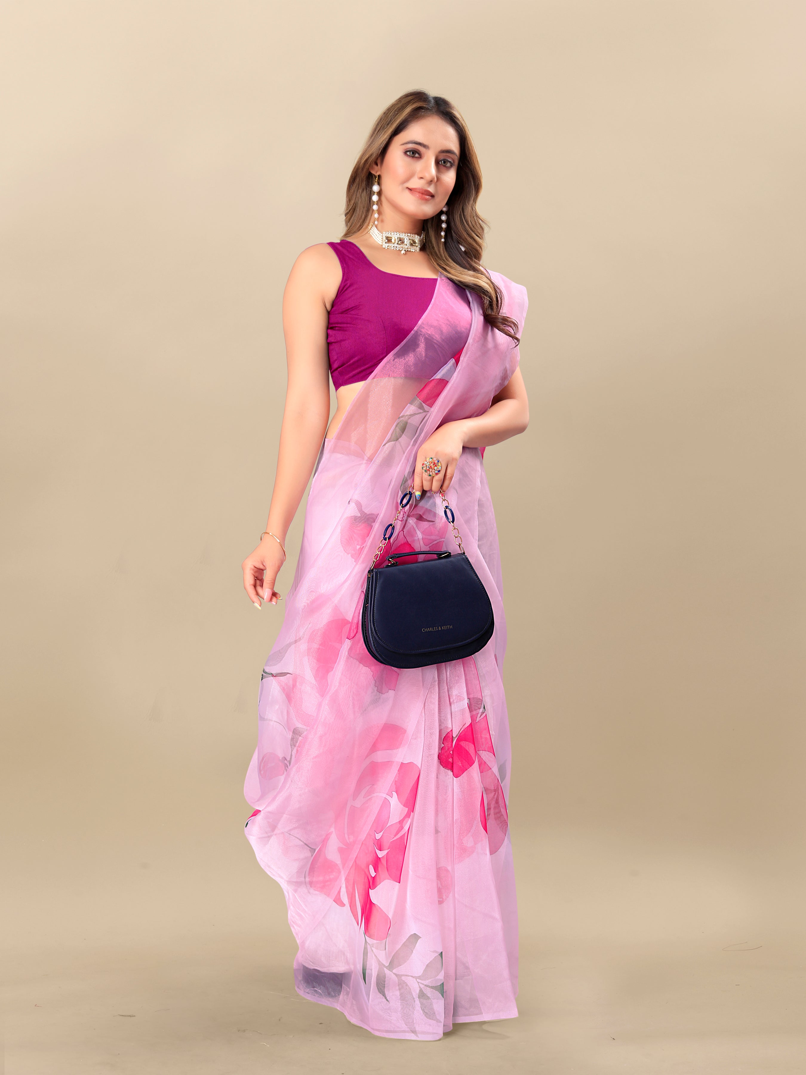 Vedant Vastram Digital Print Organza Party Wear Saree With Unstitched Blouse Piece - Pink