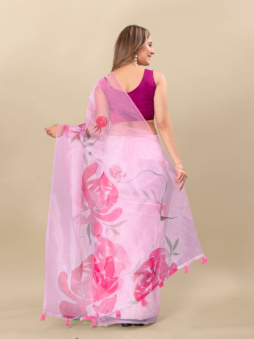 Vedant Vastram Digital Print Organza Party Wear Saree With Unstitched Blouse Piece - Pink