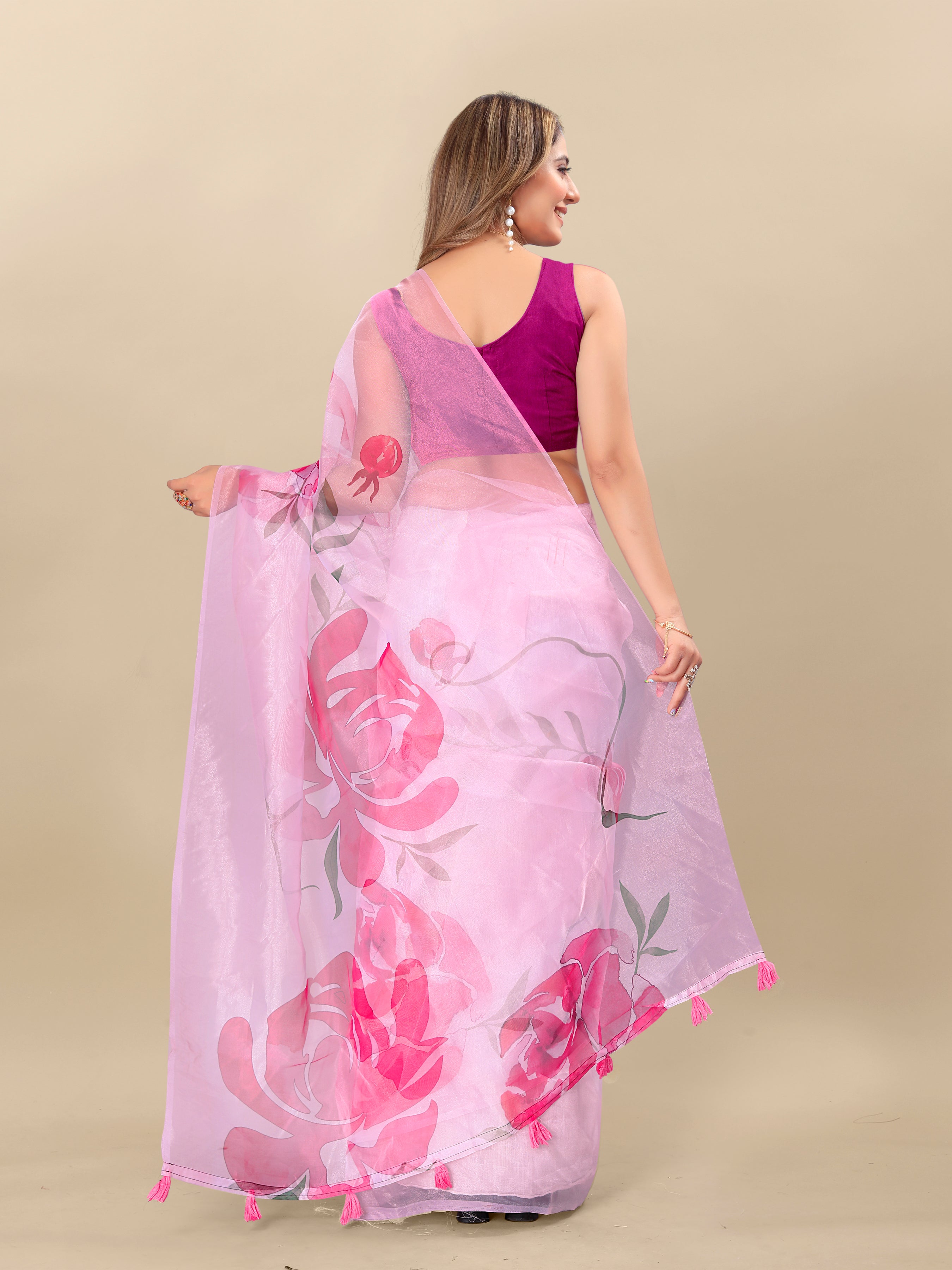 Vedant Vastram Digital Print Organza Party Wear Saree With Unstitched Blouse Piece - Pink