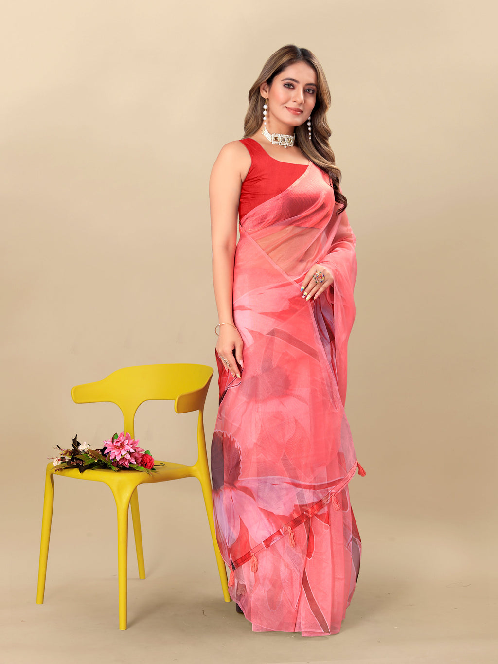 Vedant Vastram Digital Print Organza Party Wear Saree With Unstitched Blouse Piece - Red