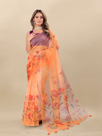 Vedant Vastram Digital Print Organza Party Wear Saree With Unstitched Blouse Piece - Orange