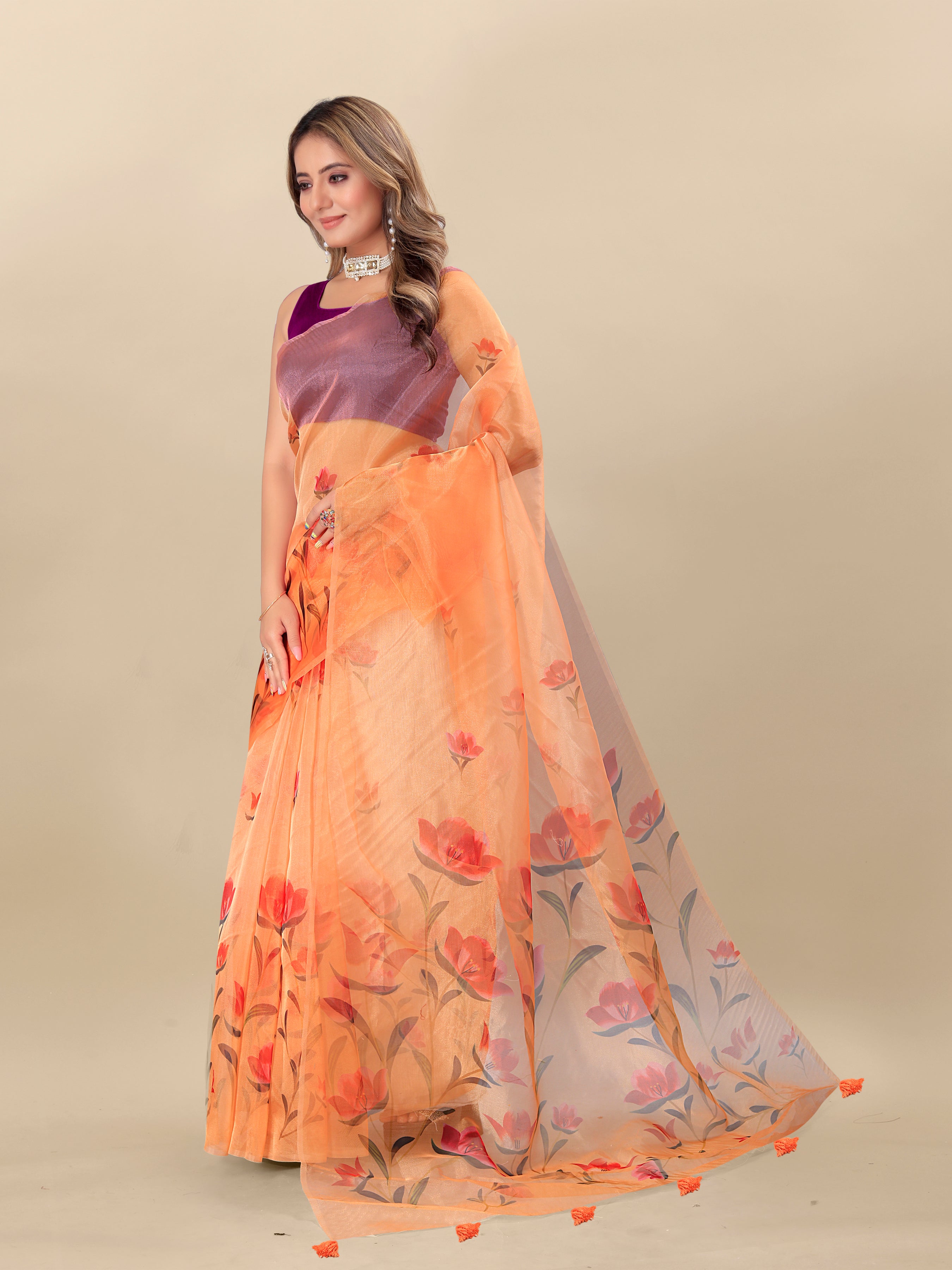 Vedant Vastram Digital Print Organza Party Wear Saree With Unstitched Blouse Piece - Orange