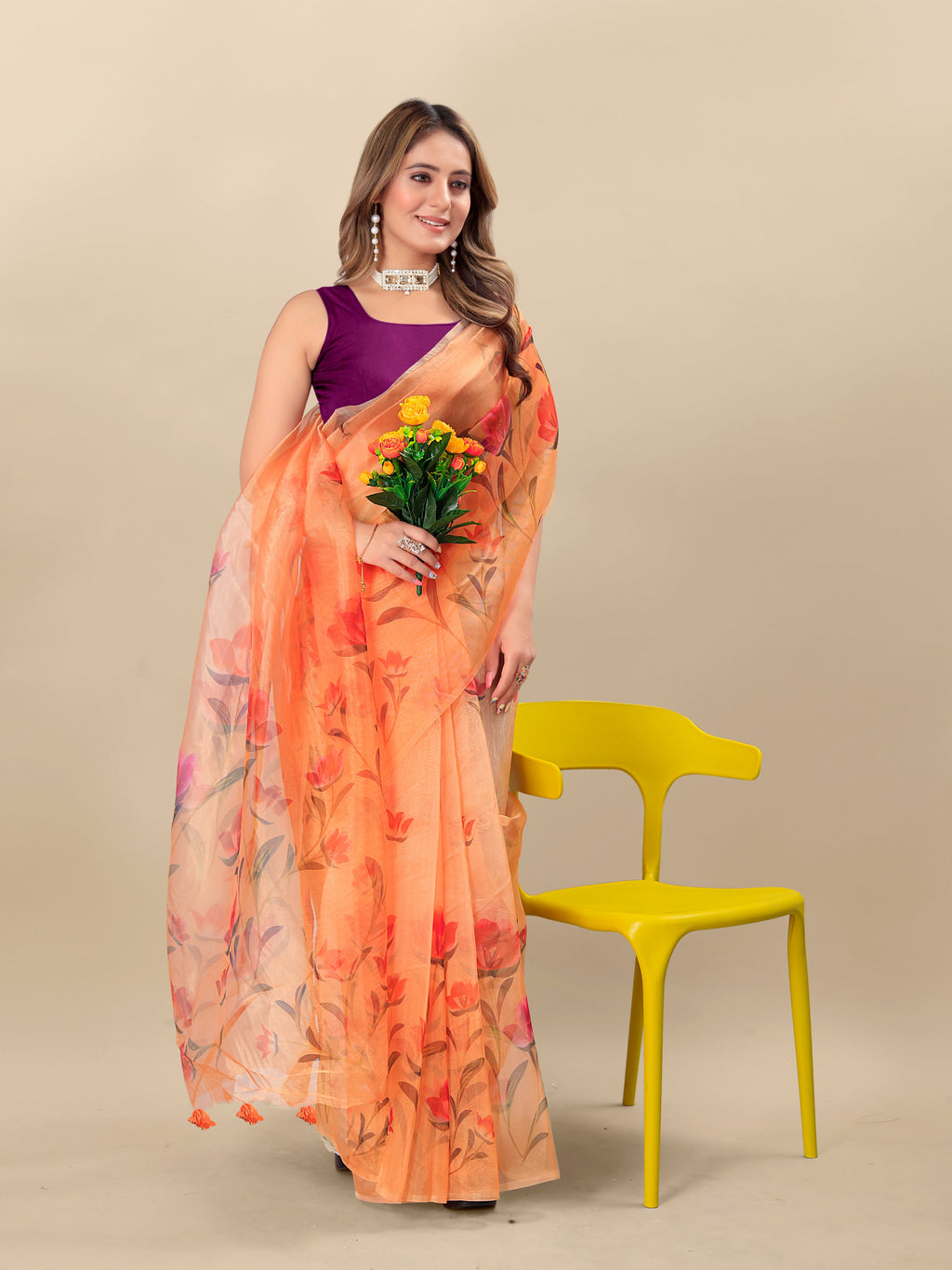 Vedant Vastram Digital Print Organza Party Wear Saree With Unstitched Blouse Piece - Orange