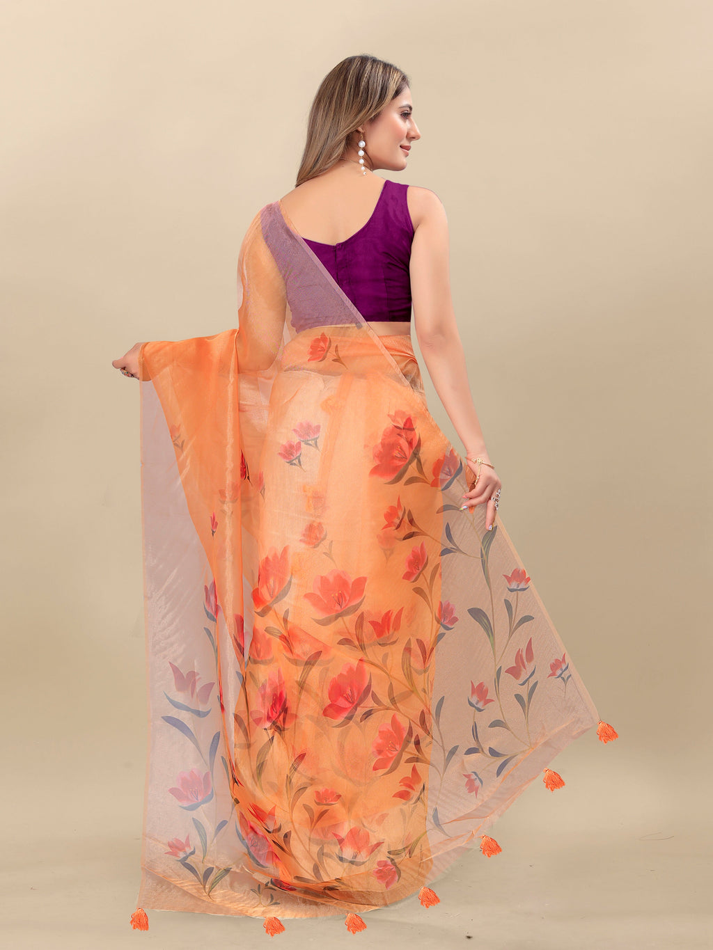 Vedant Vastram Digital Print Organza Party Wear Saree With Unstitched Blouse Piece - Orange