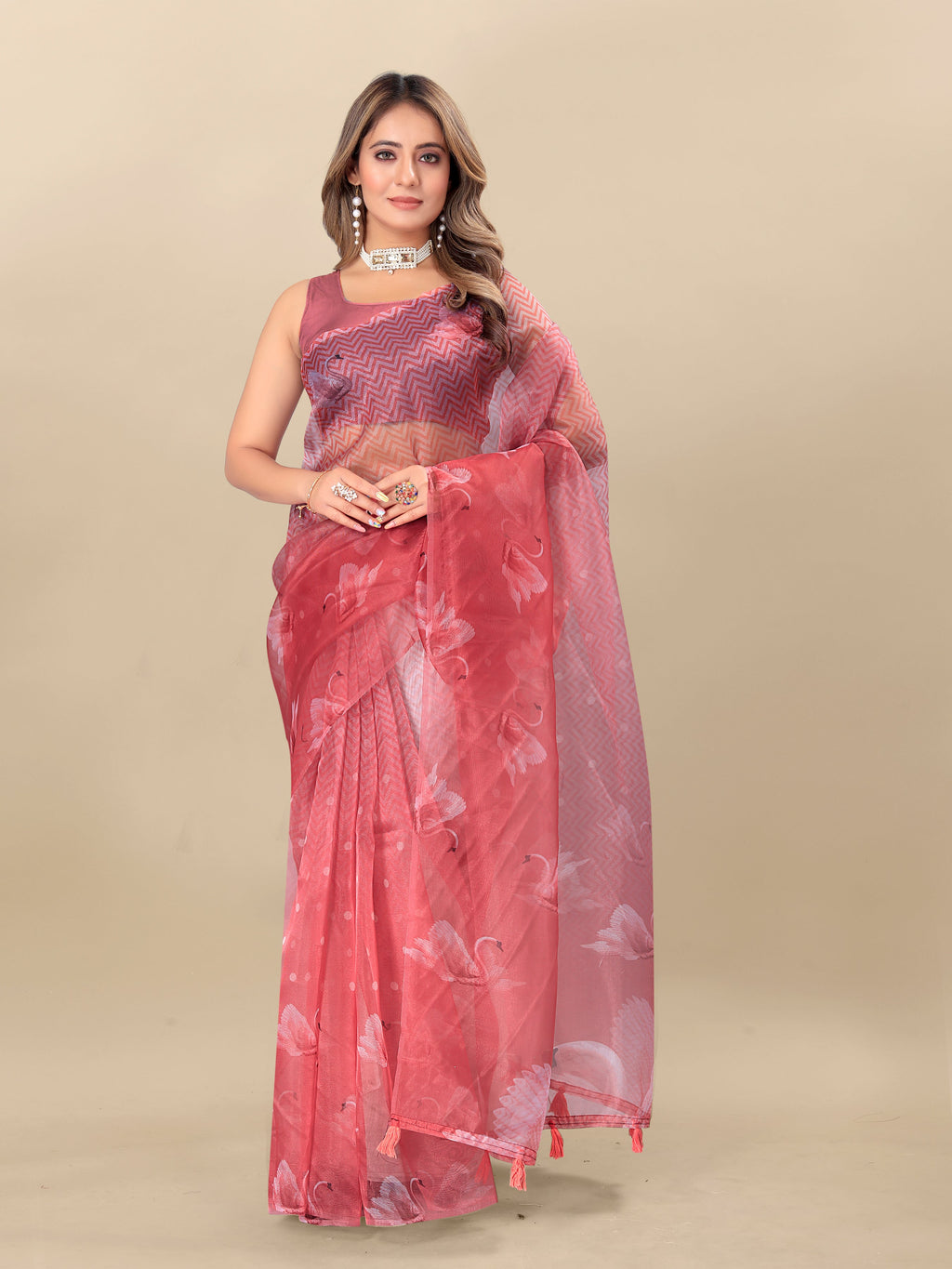 Vedant Vastram Digital Print Organza Party Wear Saree With Unstitched Blouse Piece - Purple
