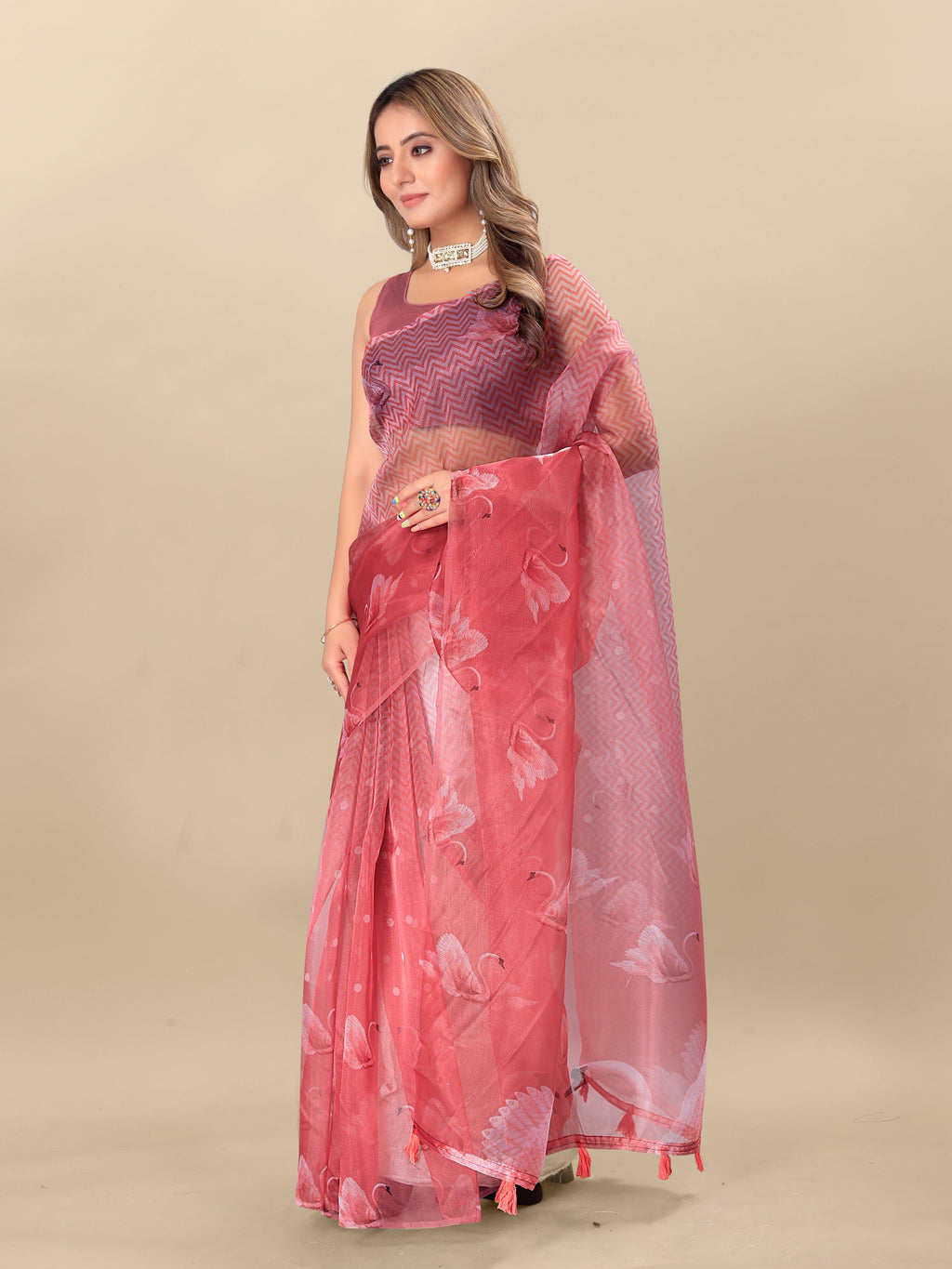 Vedant Vastram Digital Print Organza Party Wear Saree With Unstitched Blouse Piece - Purple