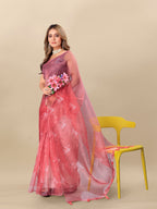 Vedant Vastram Digital Print Organza Party Wear Saree With Unstitched Blouse Piece - Purple