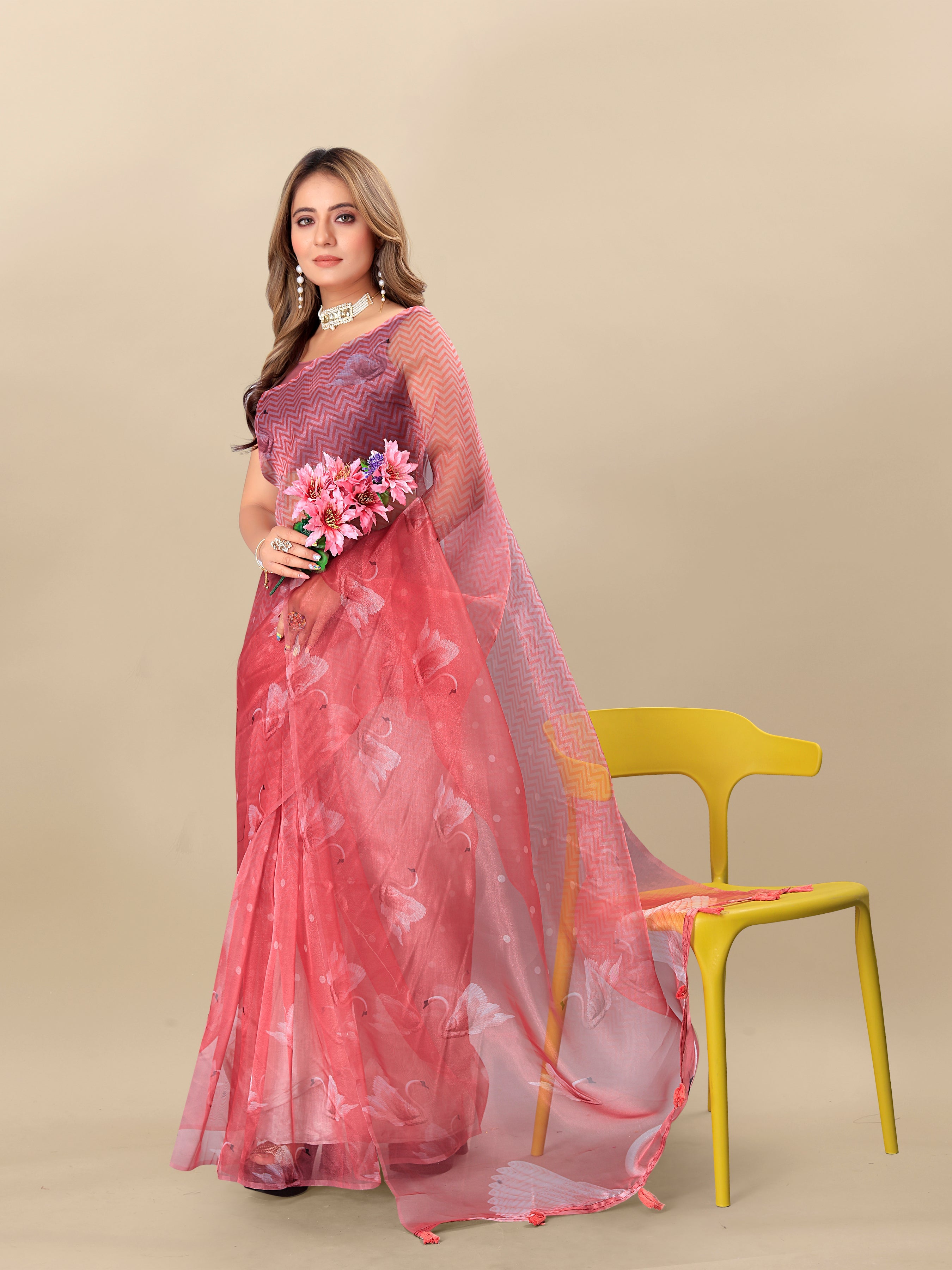 Vedant Vastram Digital Print Organza Party Wear Saree With Unstitched Blouse Piece - Purple