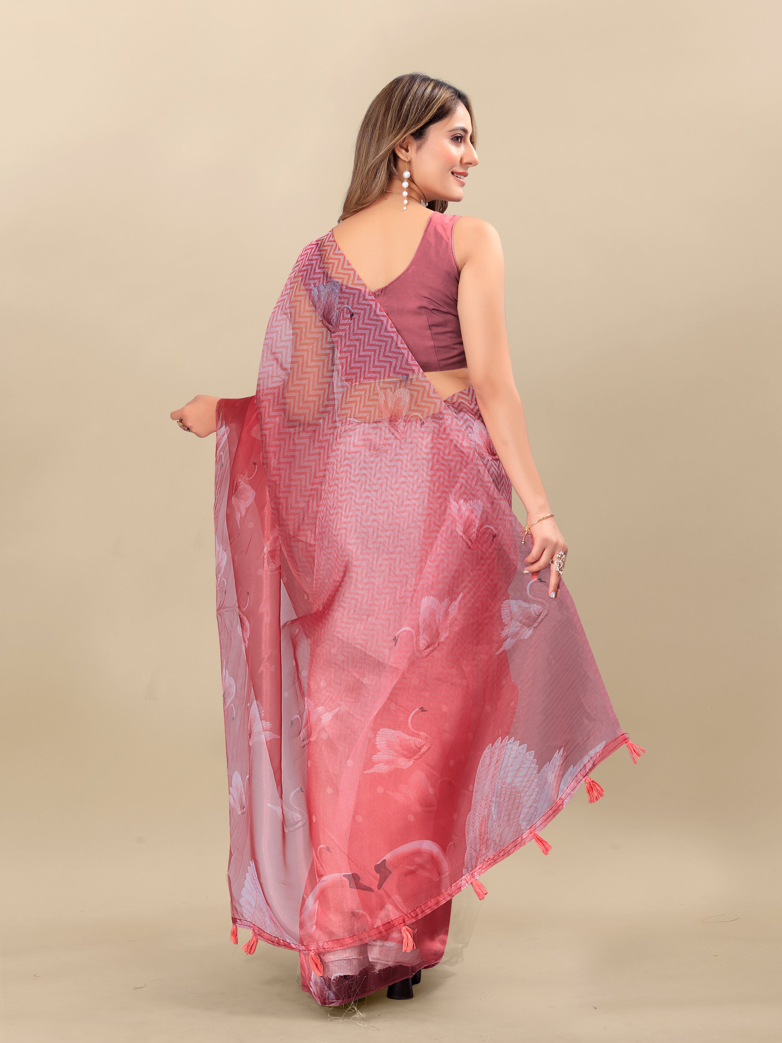 Vedant Vastram Digital Print Organza Party Wear Saree With Unstitched Blouse Piece - Purple