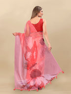 Vedant Vastram Digital Print Organza Party Wear Saree With Unstitched Blouse Piece - Red