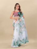 Vedant Vastram Digital Print Organza Party Wear Saree With Unstitched Blouse Piece - White