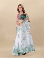 Vedant Vastram Digital Print Organza Party Wear Saree With Unstitched Blouse Piece - White