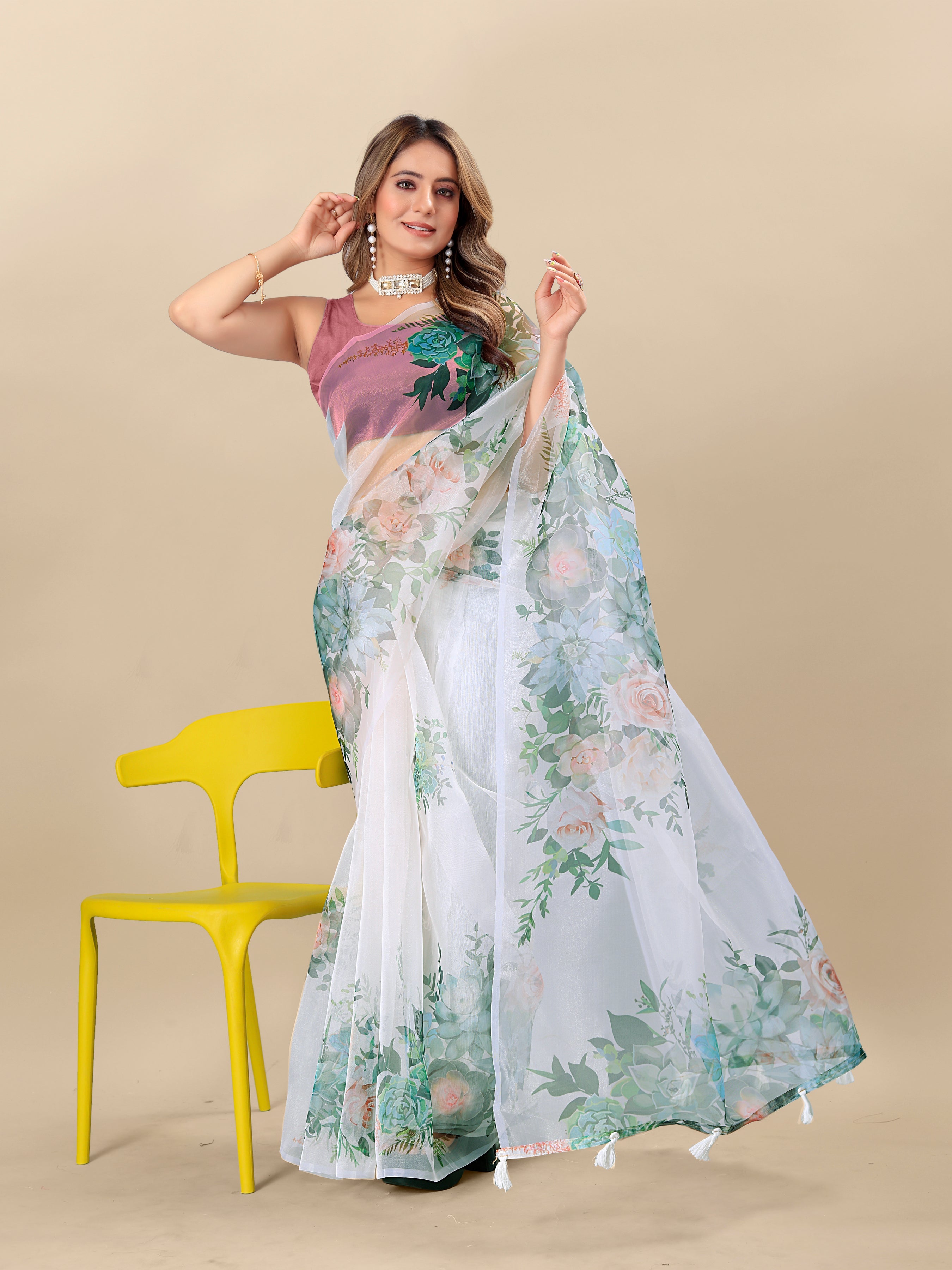 Vedant Vastram Digital Print Organza Party Wear Saree With Unstitched Blouse Piece - White