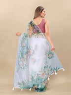 Vedant Vastram Digital Print Organza Party Wear Saree With Unstitched Blouse Piece - White