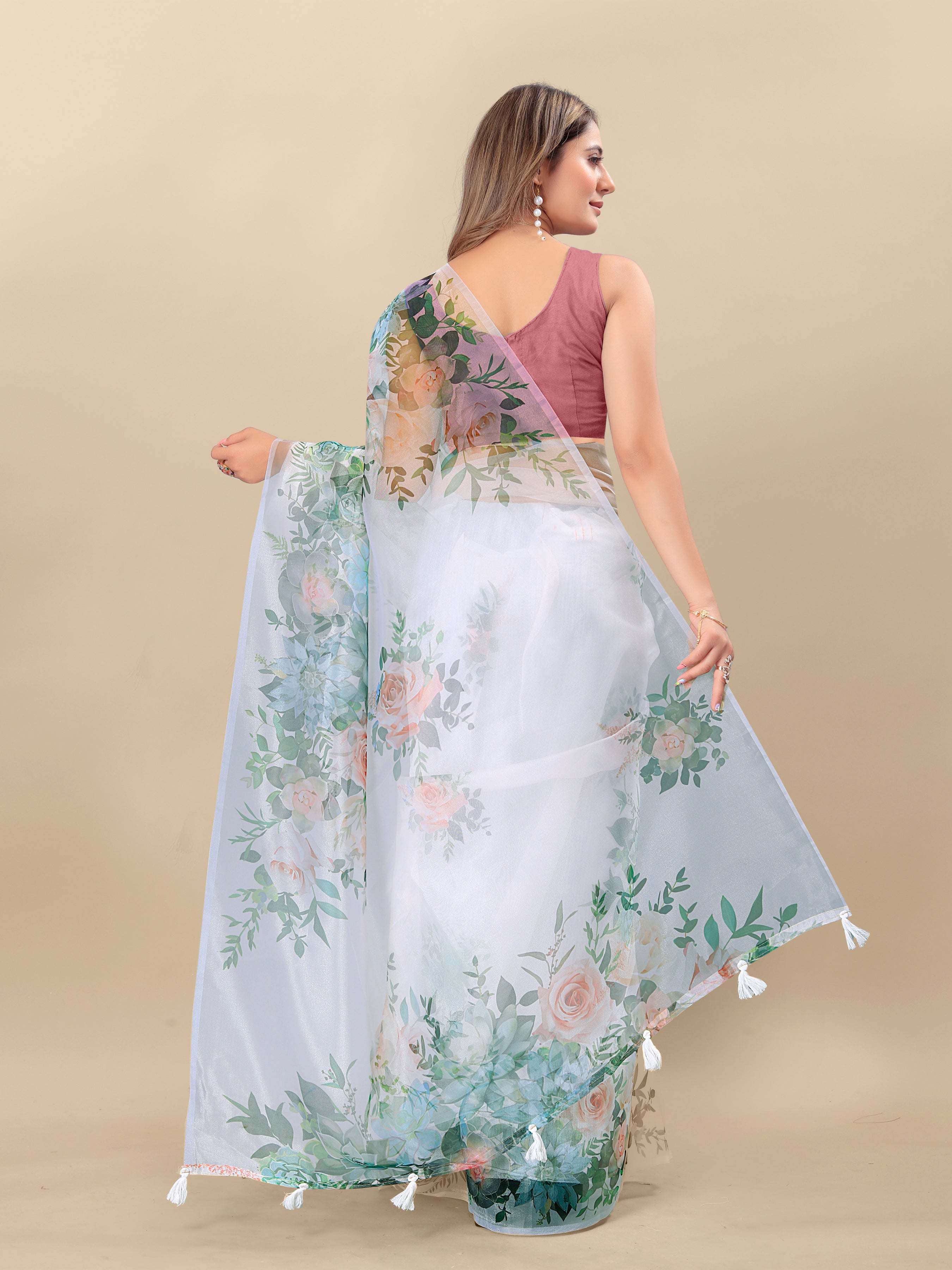 Vedant Vastram Digital Print Organza Party Wear Saree With Unstitched Blouse Piece - White